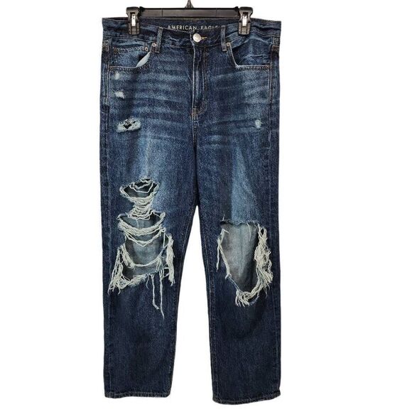 American Eagle Size 10 Women's 90's Boyfriend Distressed Denim Blue Jeans Dark W - Picture 1 of 7